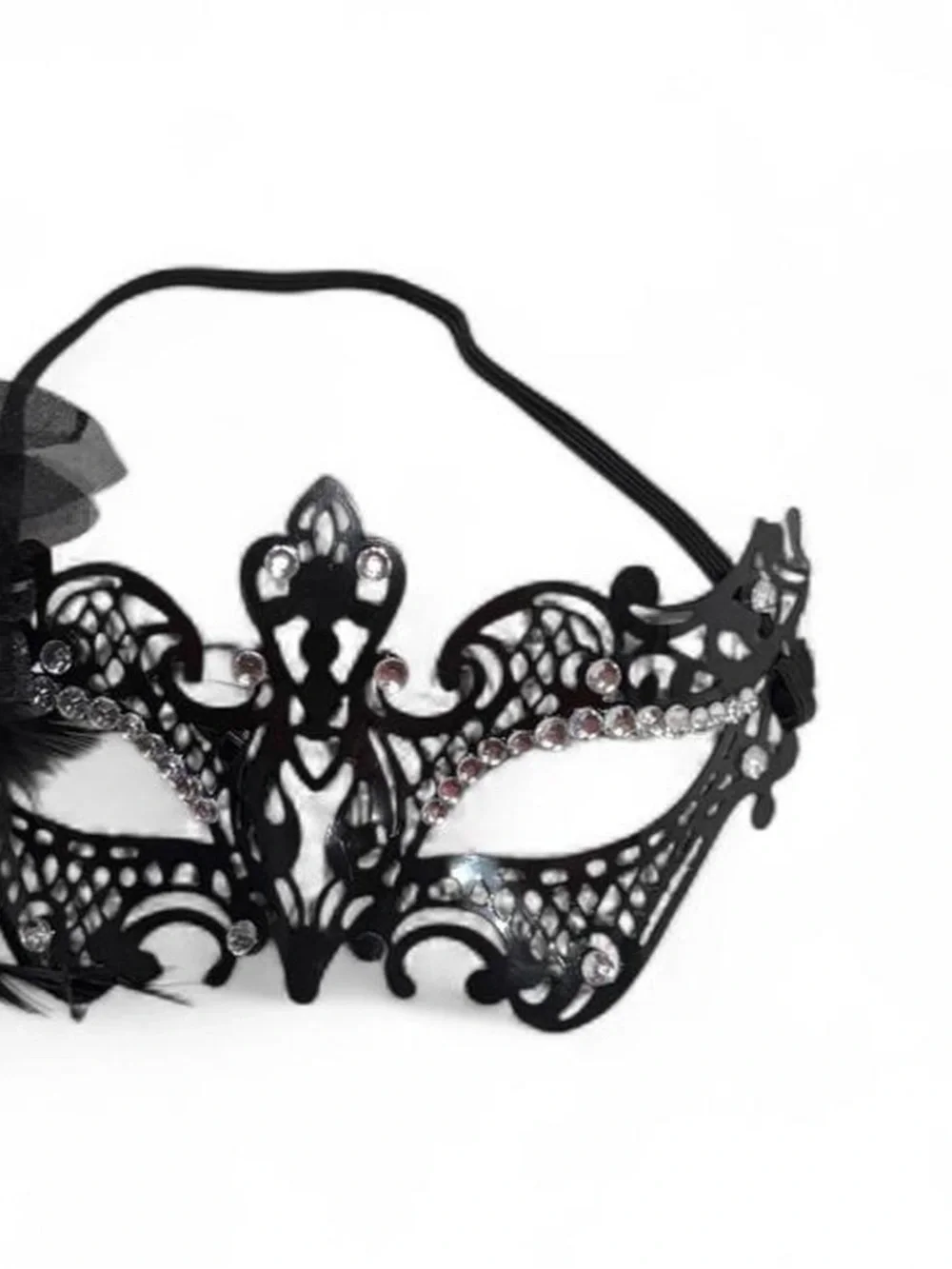 Elegant Black Feather Lace Masquerade Mask with Rhinestone Detail